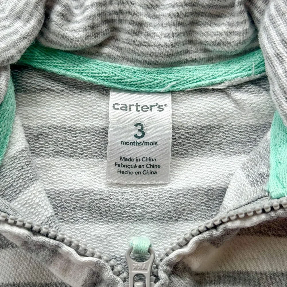4/$10 - Carter’s Baby Cotton Nautical Zip-Up Jacket | Grey White Striped w/ Whal